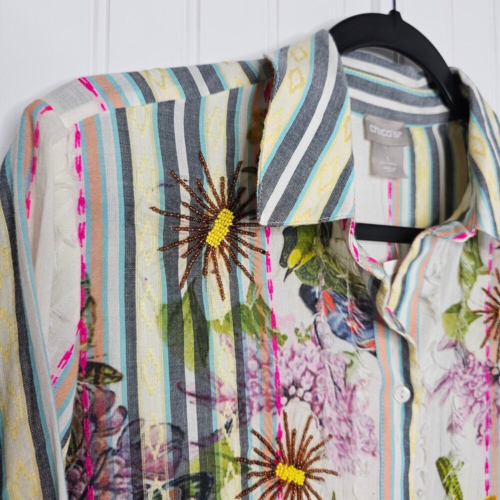Chico's Women's Printed Embellished Floral Top Size 8 Embroidered Beaded Striped - Picture 3 of 11